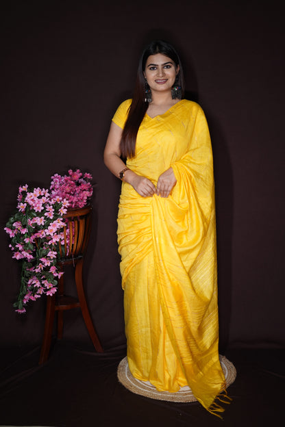 Yellow Cotton Saree with Subtle Zari Line