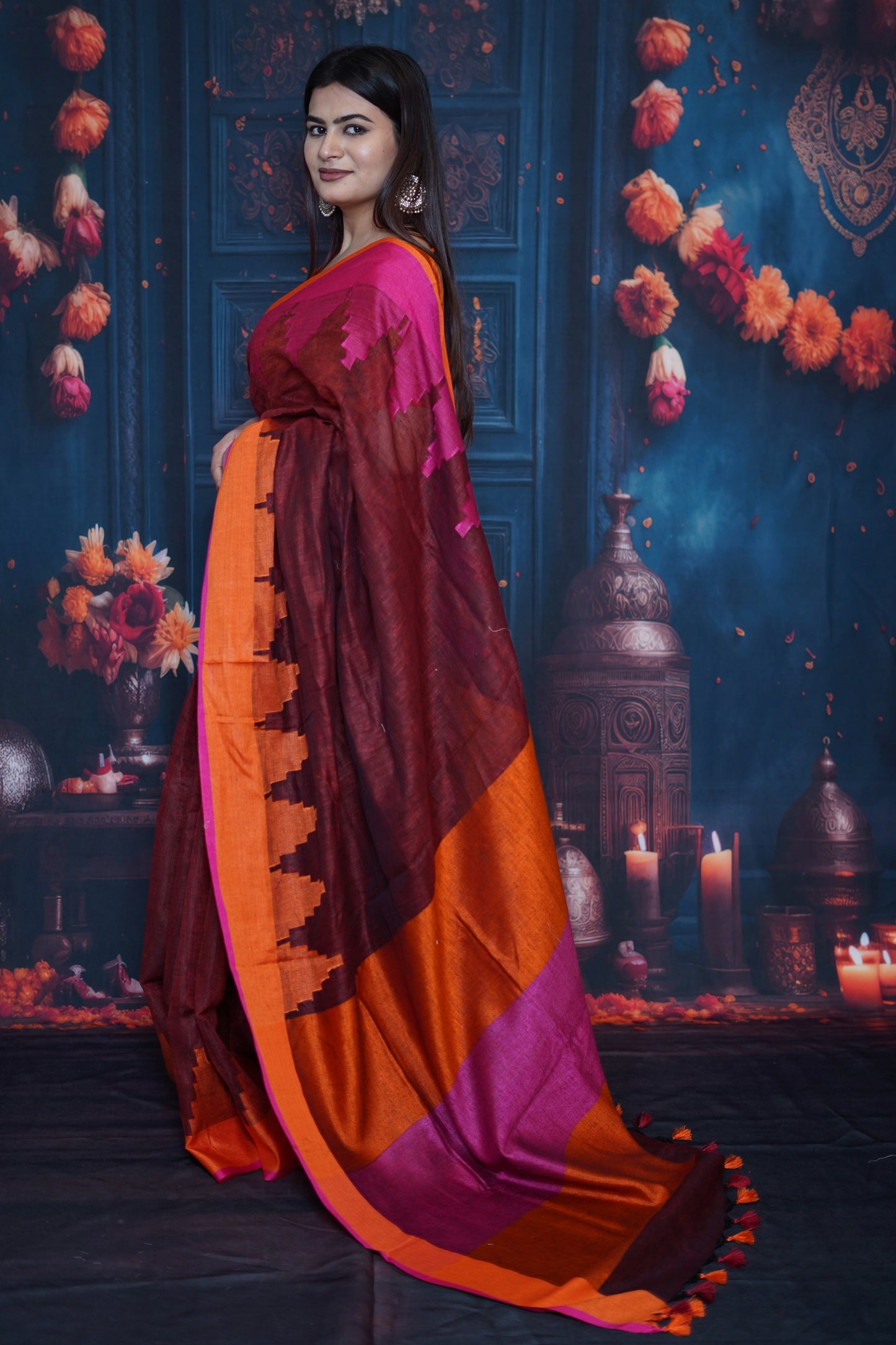 Maroon & Orange Tissue Saree with Magenta Border