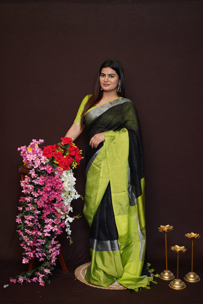 Lime Green & Black Tissue Saree with Silver Border