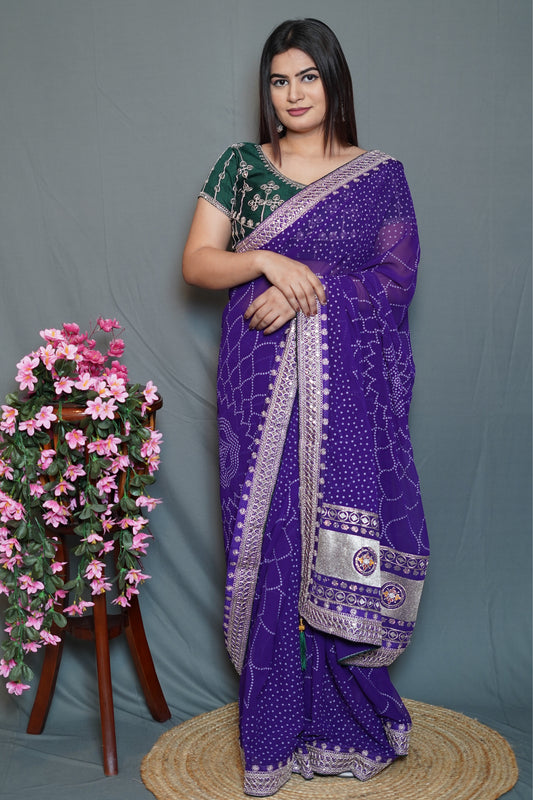Royal Purple Georgette Saree with Silver Embroidered Border