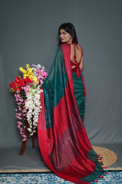 Bottle Green & Maroon Tissue Saree with Elegant Dual-Tone Border