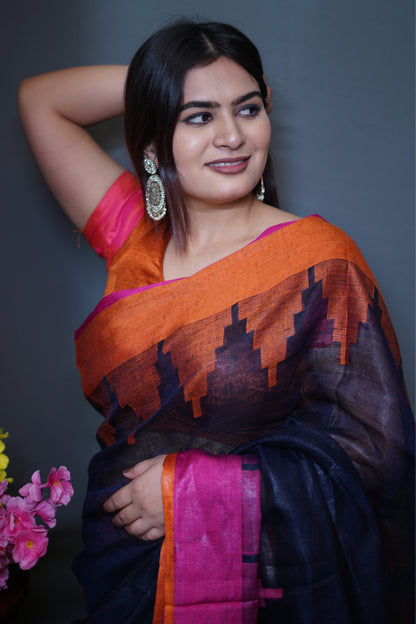 Navy Blue & Orange Tissue Saree with Magenta Border