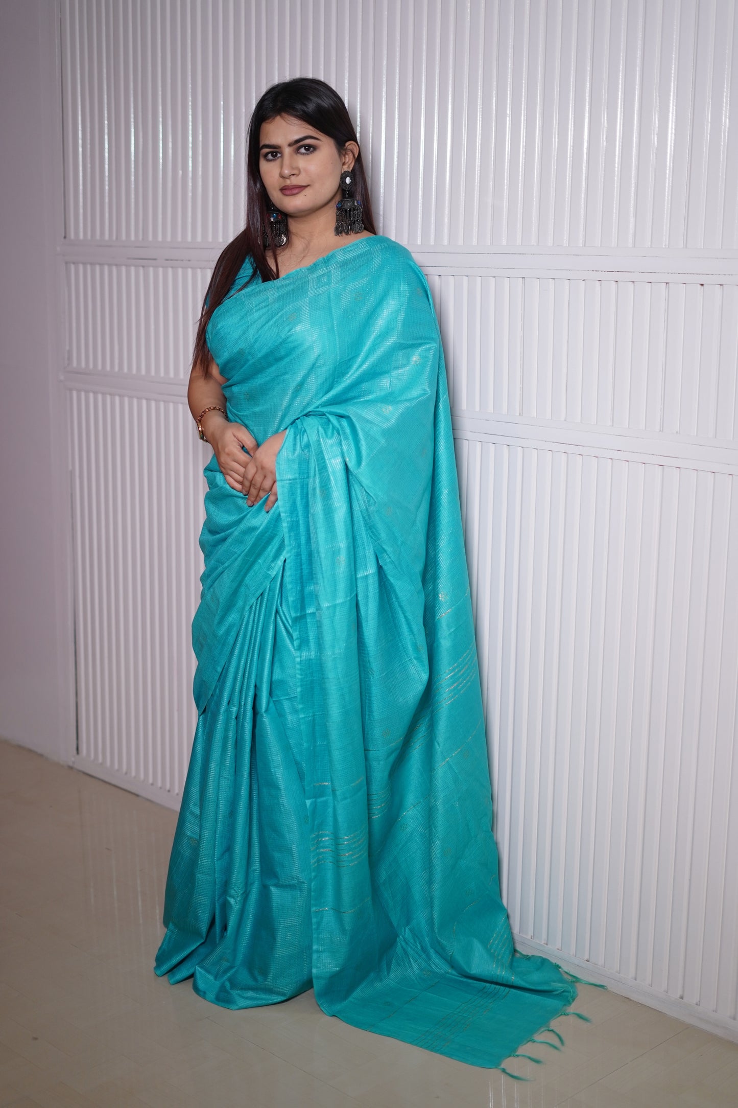 Aqua Blue Cotton Saree with Elegant Woven