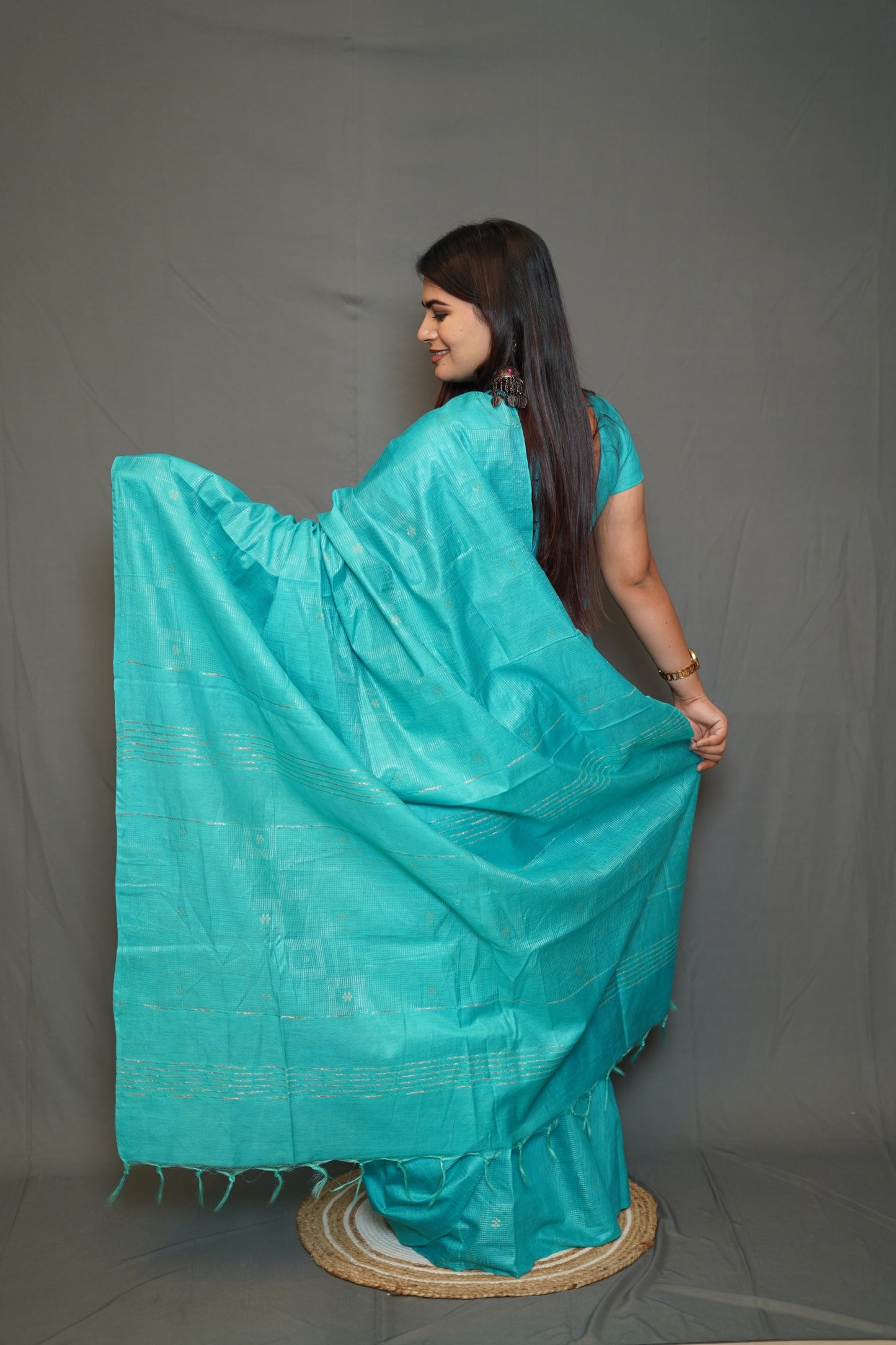 Aqua Blue Cotton Saree with Elegant Woven