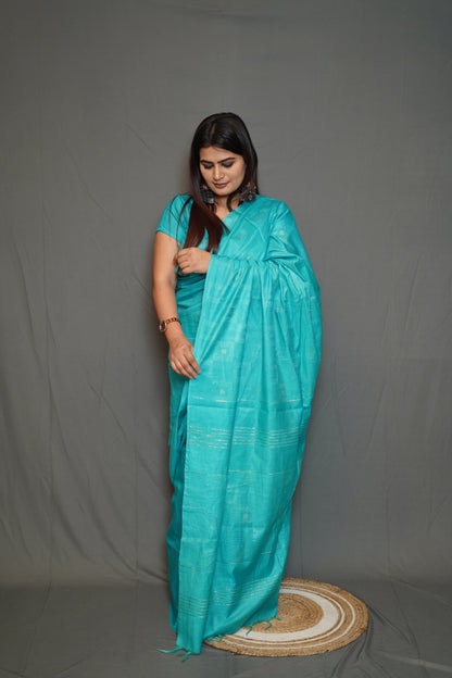 Aqua Blue Cotton Saree with Elegant Woven