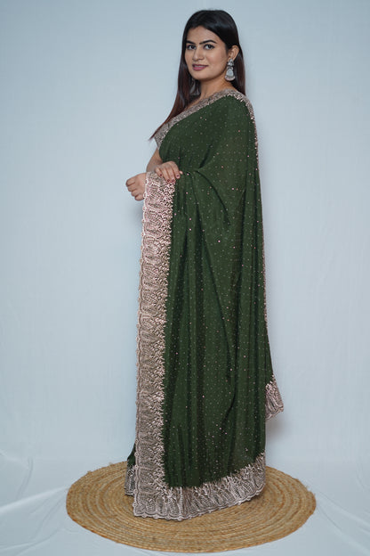 Olive Green Georgette Saree with Rose Gold Embroidered Lace Borde