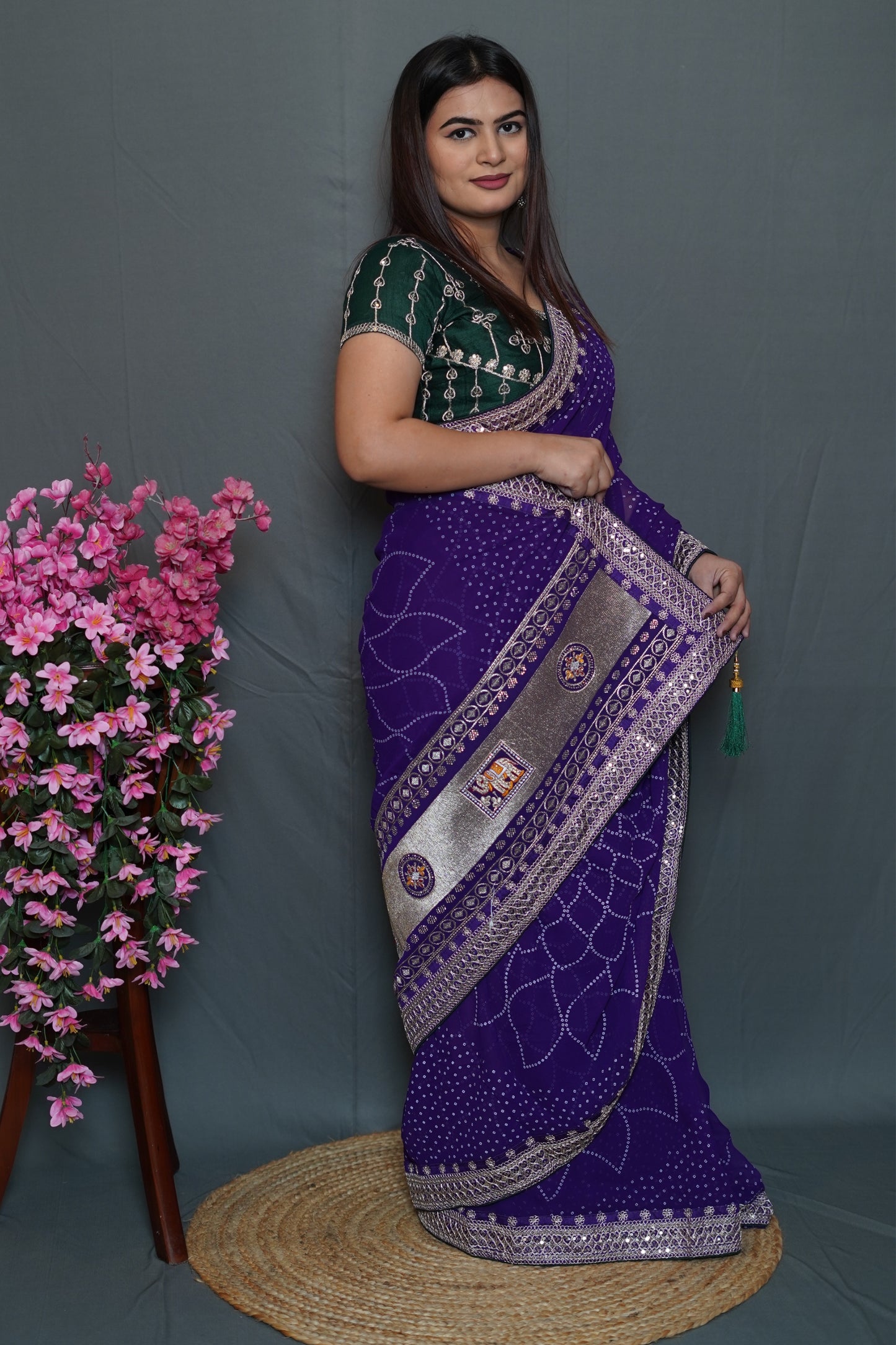 Royal Purple Georgette Saree with Silver Embroidered Border