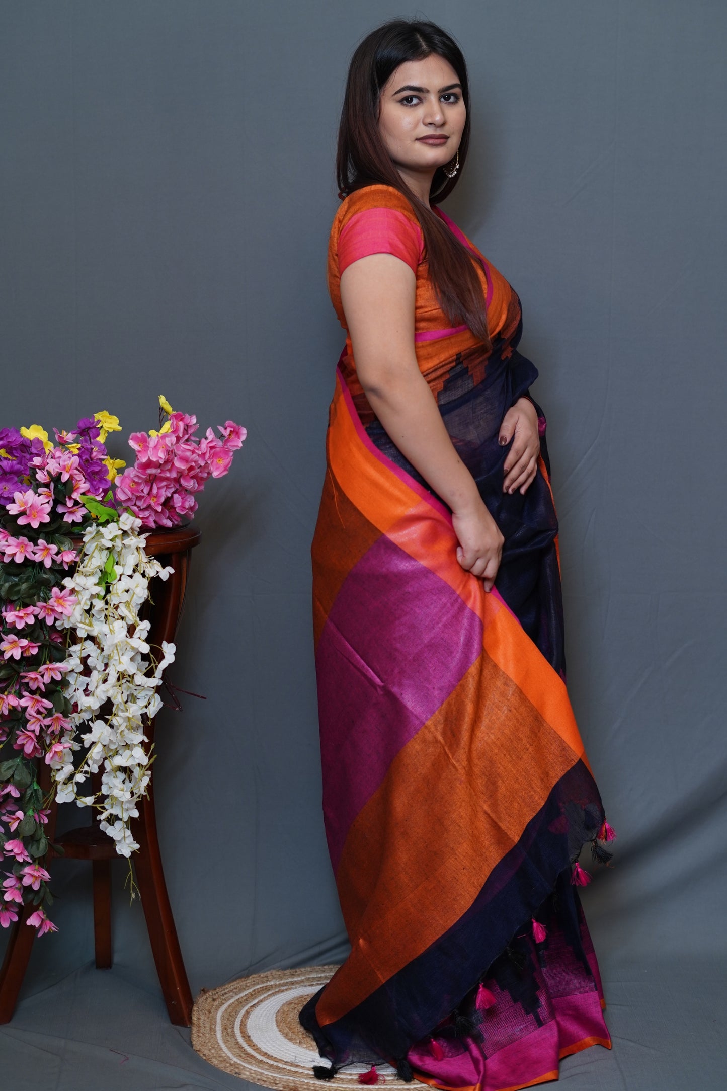 Navy Blue & Orange Tissue Saree with Magenta Border