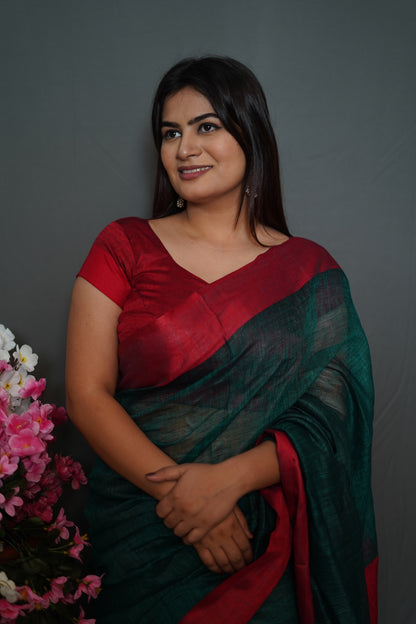 Bottle Green & Maroon Tissue Saree with Elegant Dual-Tone Border
