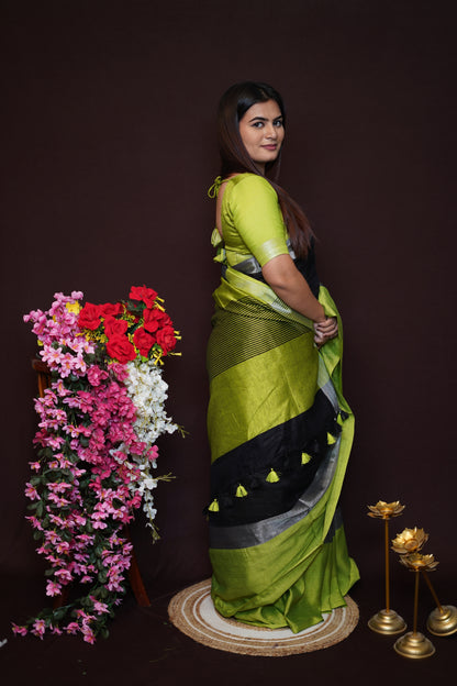 Lime Green & Black Tissue Saree with Silver Border