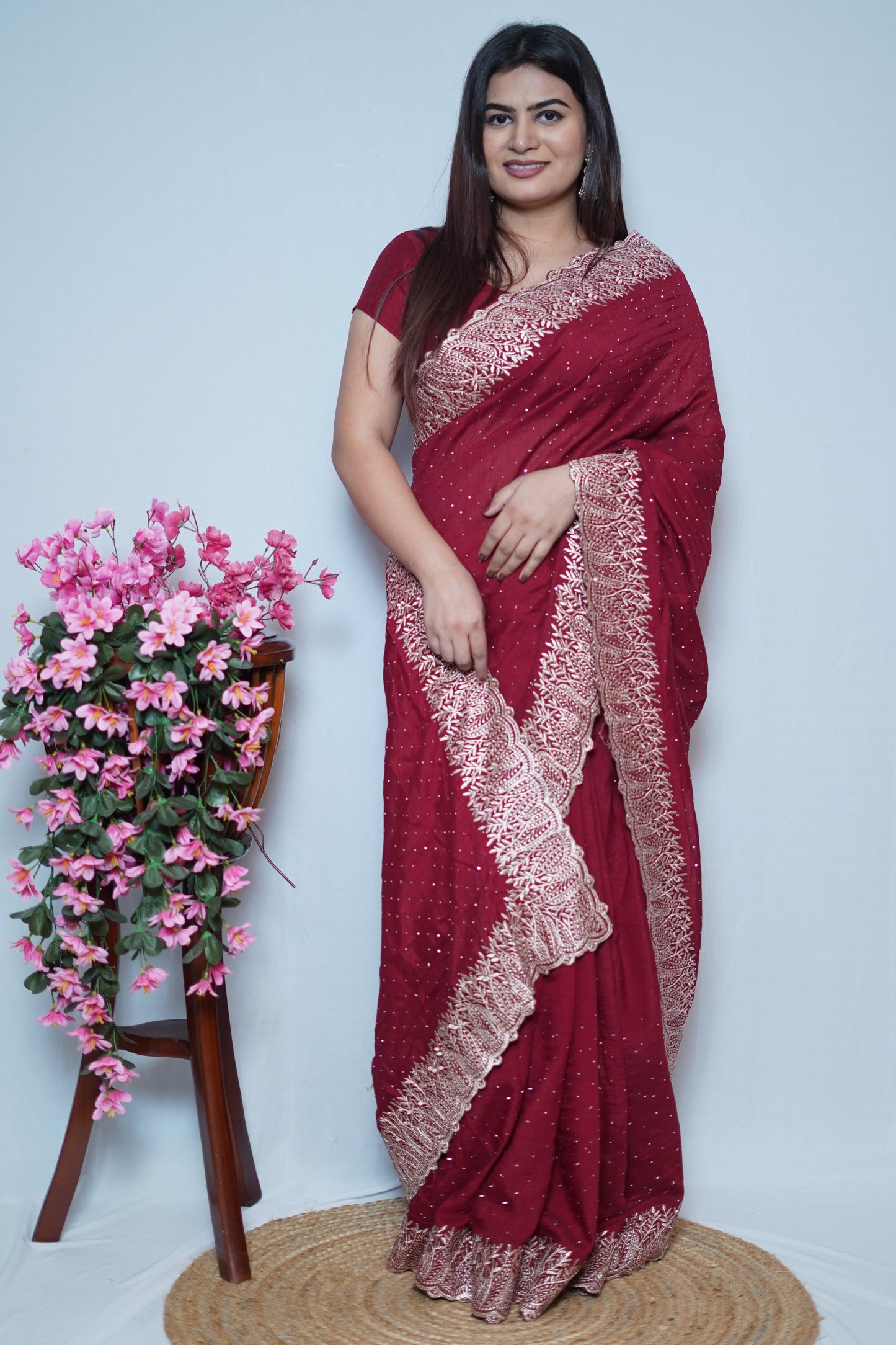 Maroon Georgette Saree with Golden Embroidered Lace Border