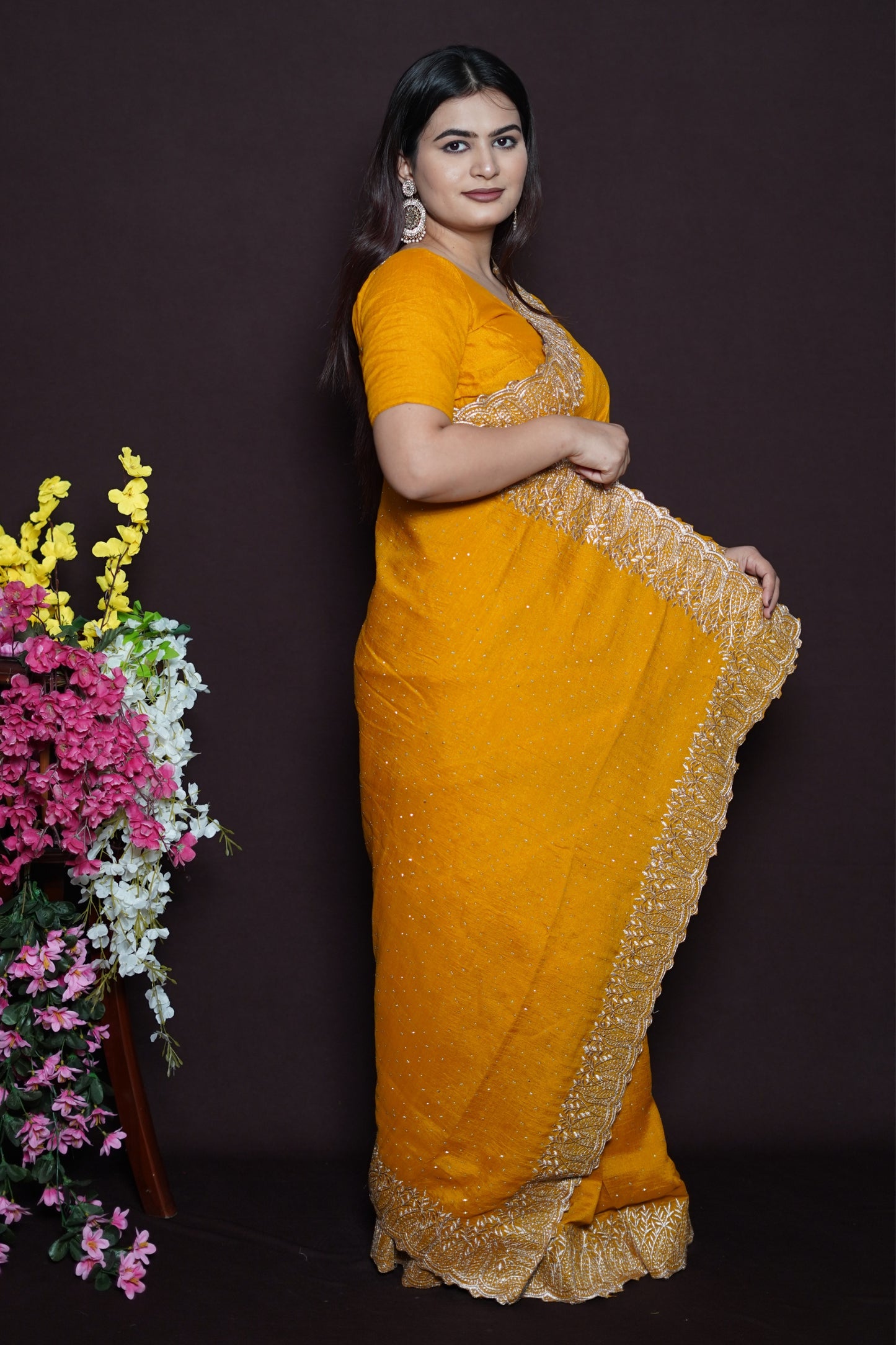Mustard Yellow Georgette Saree with Golden Embroidered Lace Border