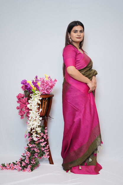 Olive Green & Magenta Tissue Saree with Elegant Dual-Tone Border