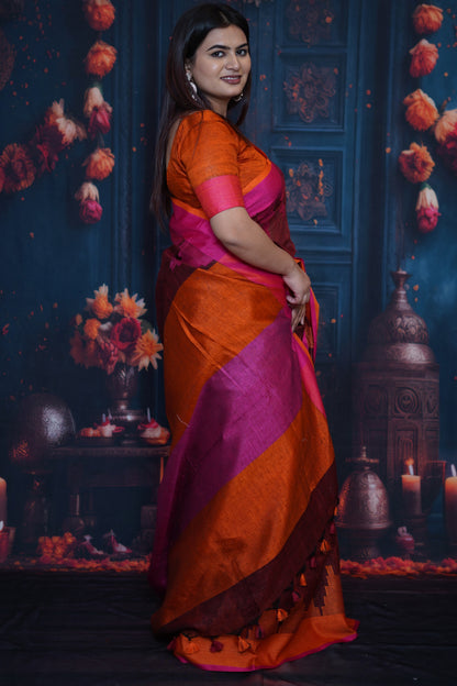 Maroon & Orange Tissue Saree with Magenta Border
