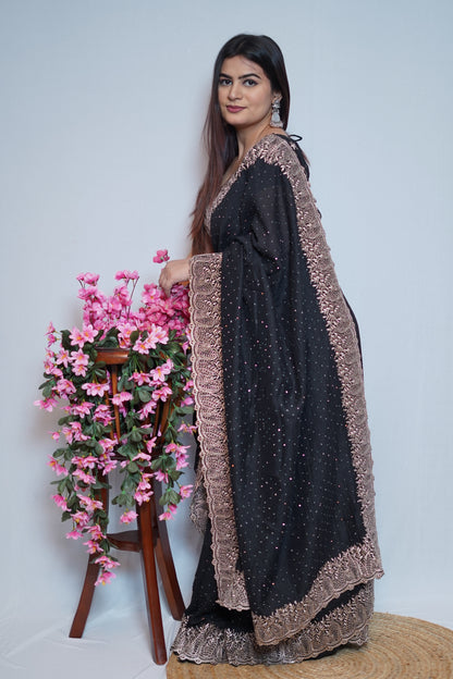 Black Georgette Saree with Rose Gold Embroidered Lace Border