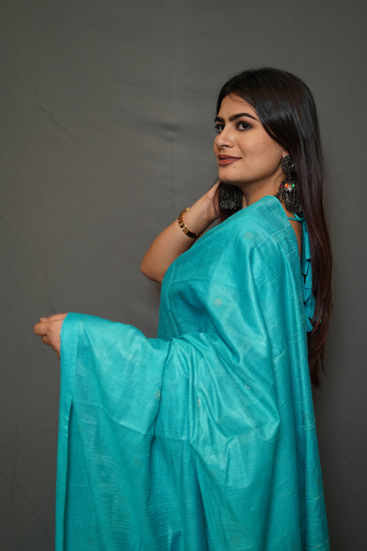 Aqua Blue Cotton Saree with Elegant Woven