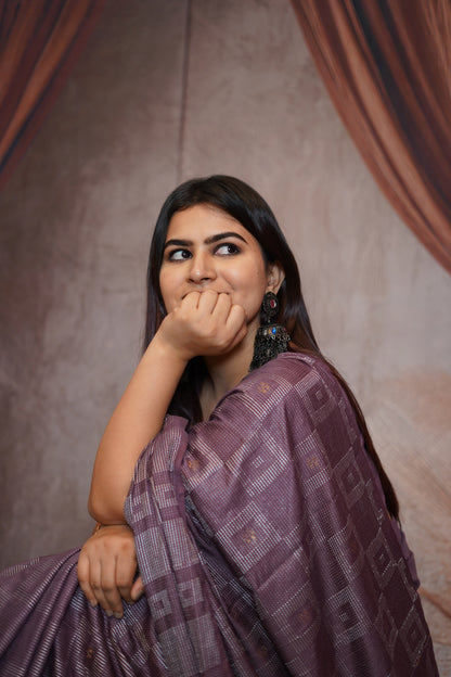 Lavender Cotton Saree with Geometric Weave Design