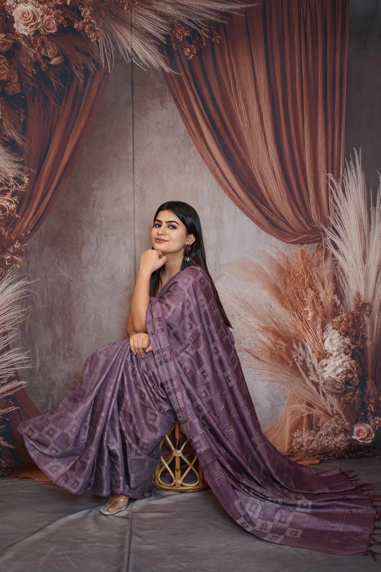 Lavender Cotton Saree with Geometric Weave Design