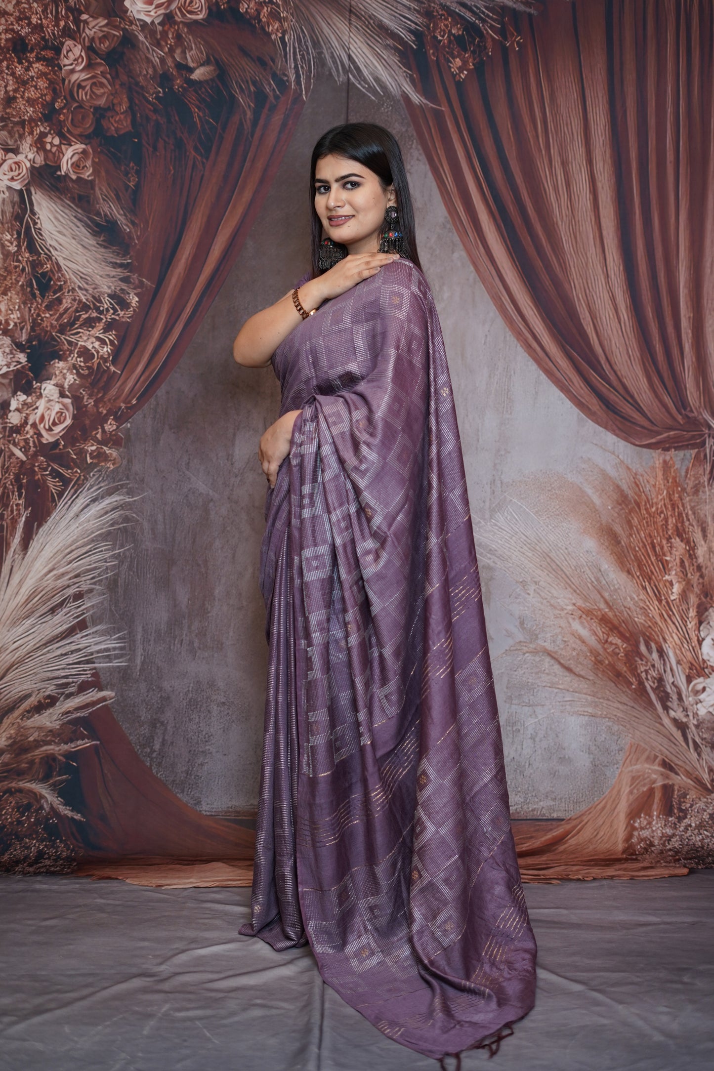 Lavender Cotton Saree with Geometric Weave Design