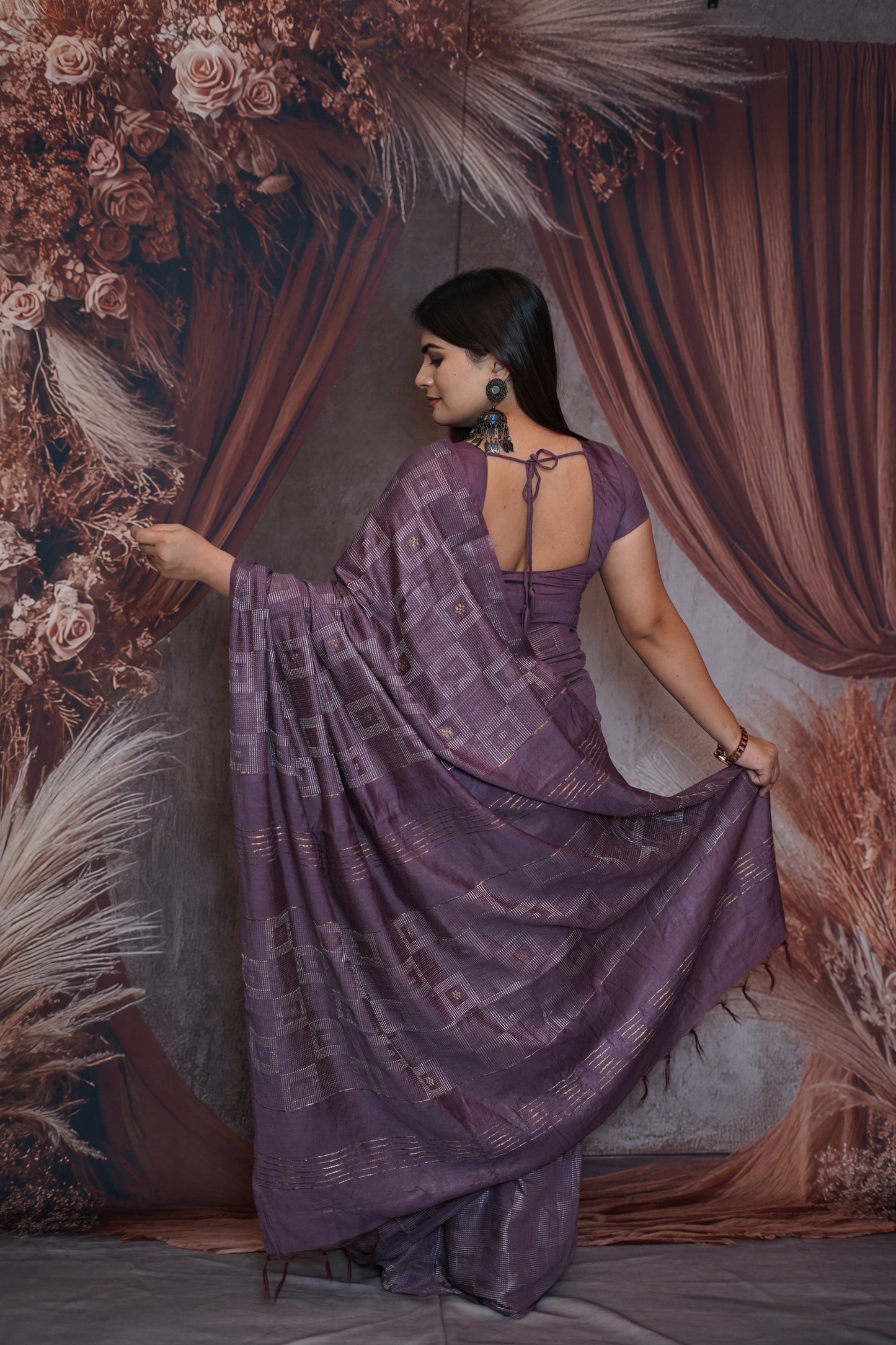 Lavender Cotton Saree with Geometric Weave Design