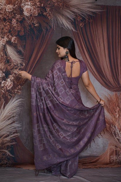 Lavender Cotton Saree with Geometric Weave Design