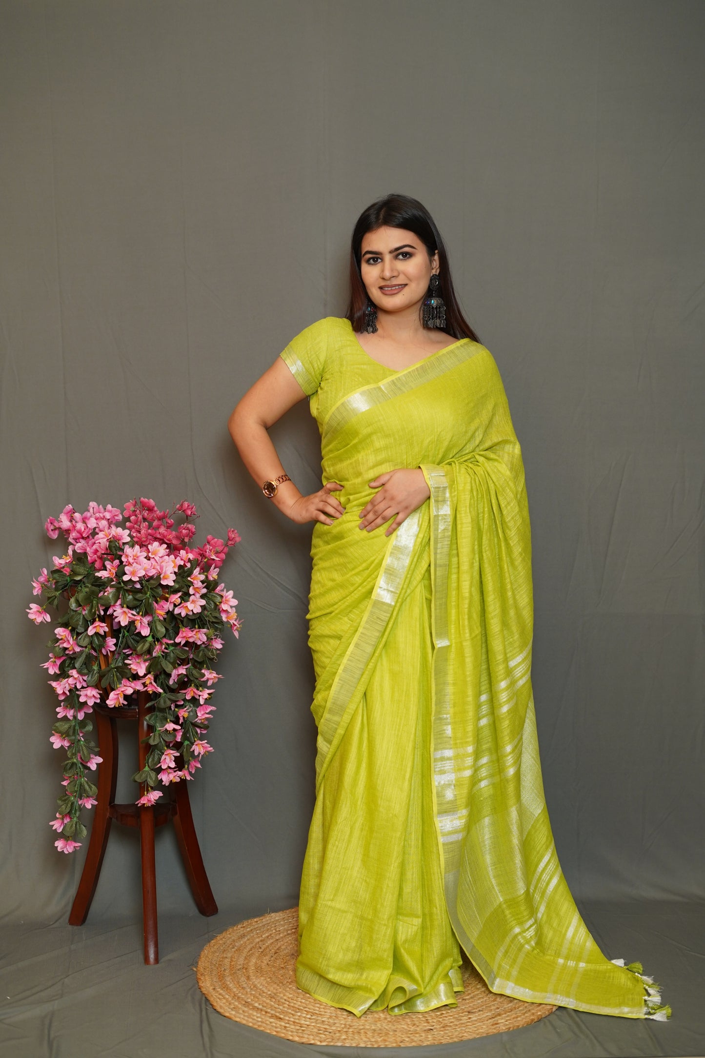 Lime Green Cotton Saree with Silver Border & Tassel Detailing
