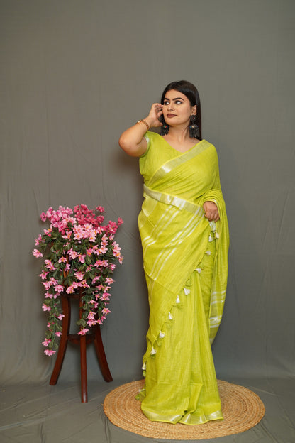 Lime Green Cotton Saree with Silver Border & Tassel Detailing