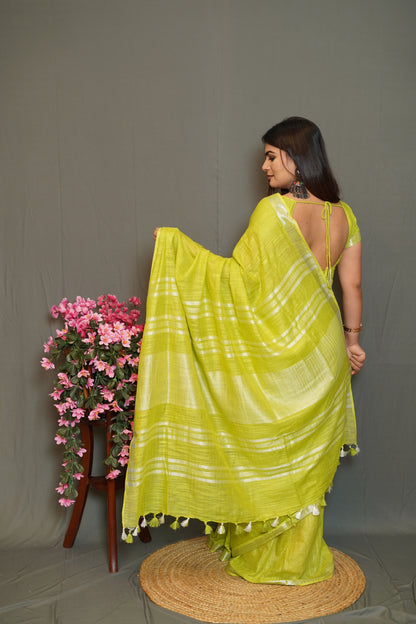 Lime Green Cotton Saree with Silver Border & Tassel Detailing