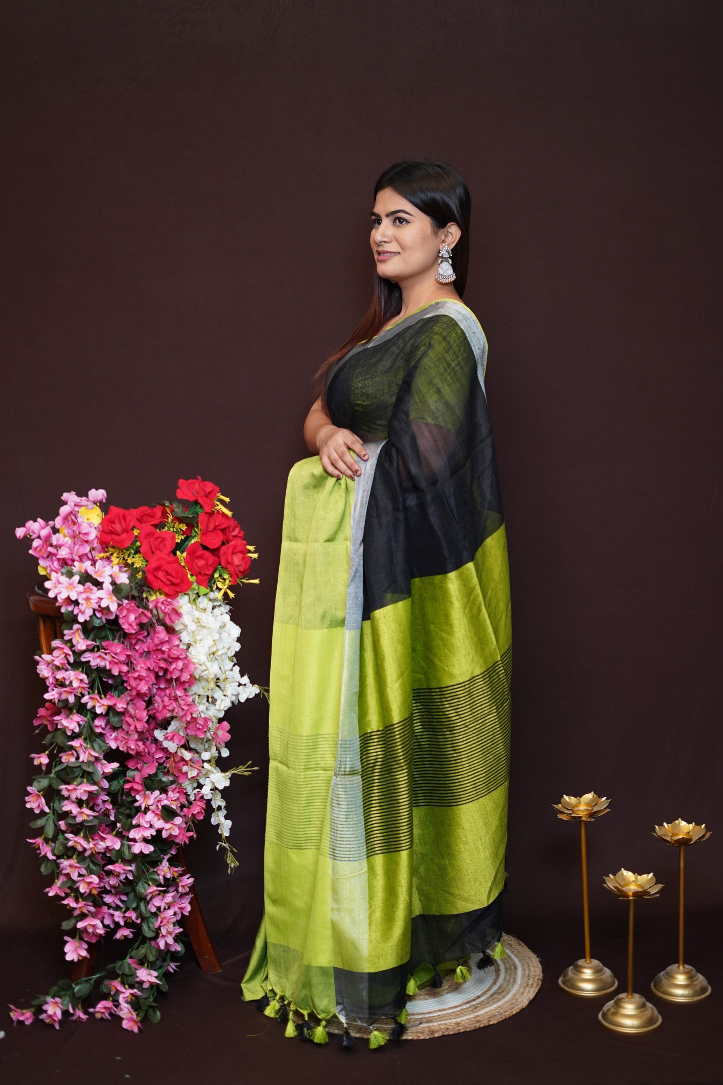 Lime Green & Black Tissue Saree with Silver Border