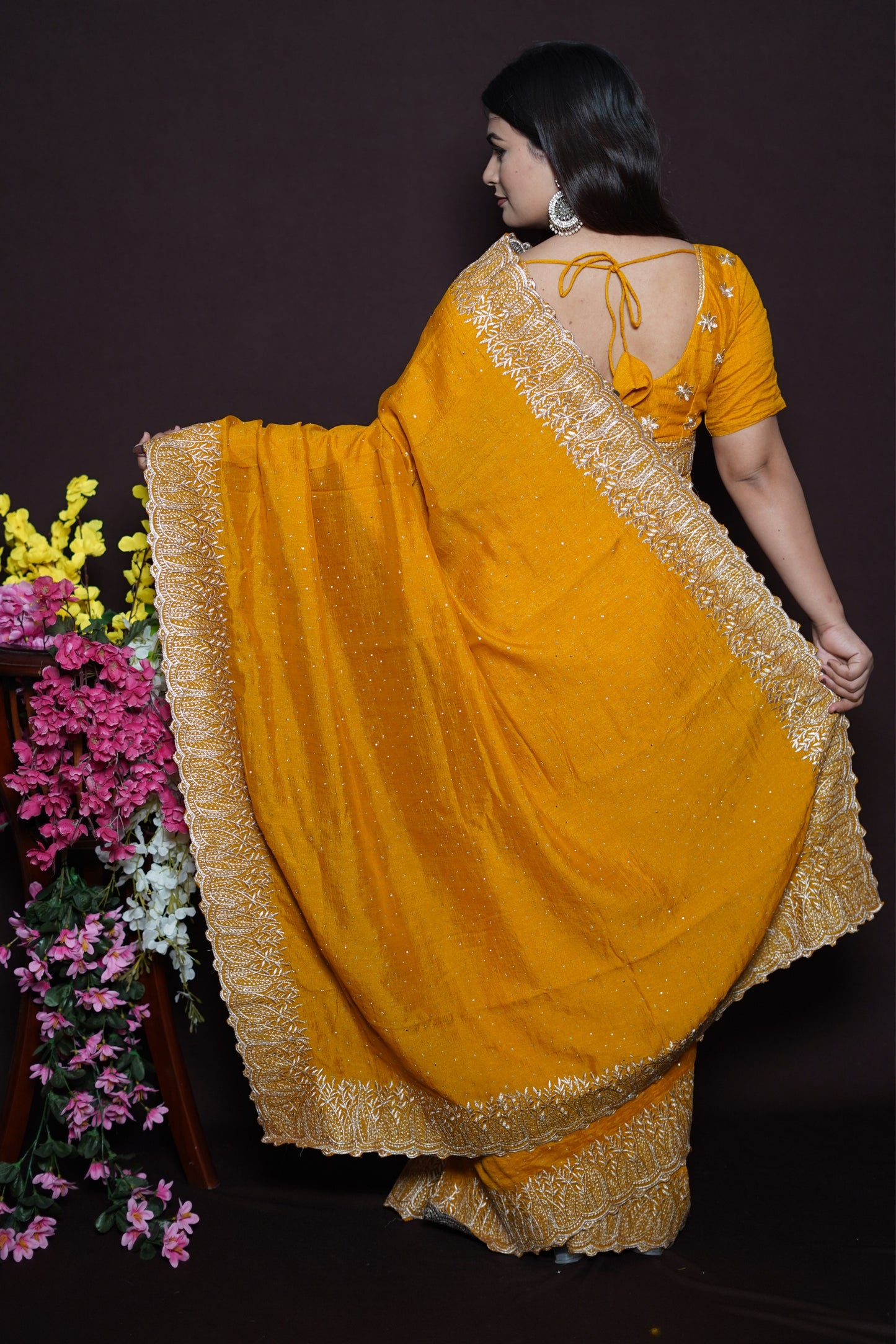 Mustard Yellow Georgette Saree with Golden Embroidered Lace Border