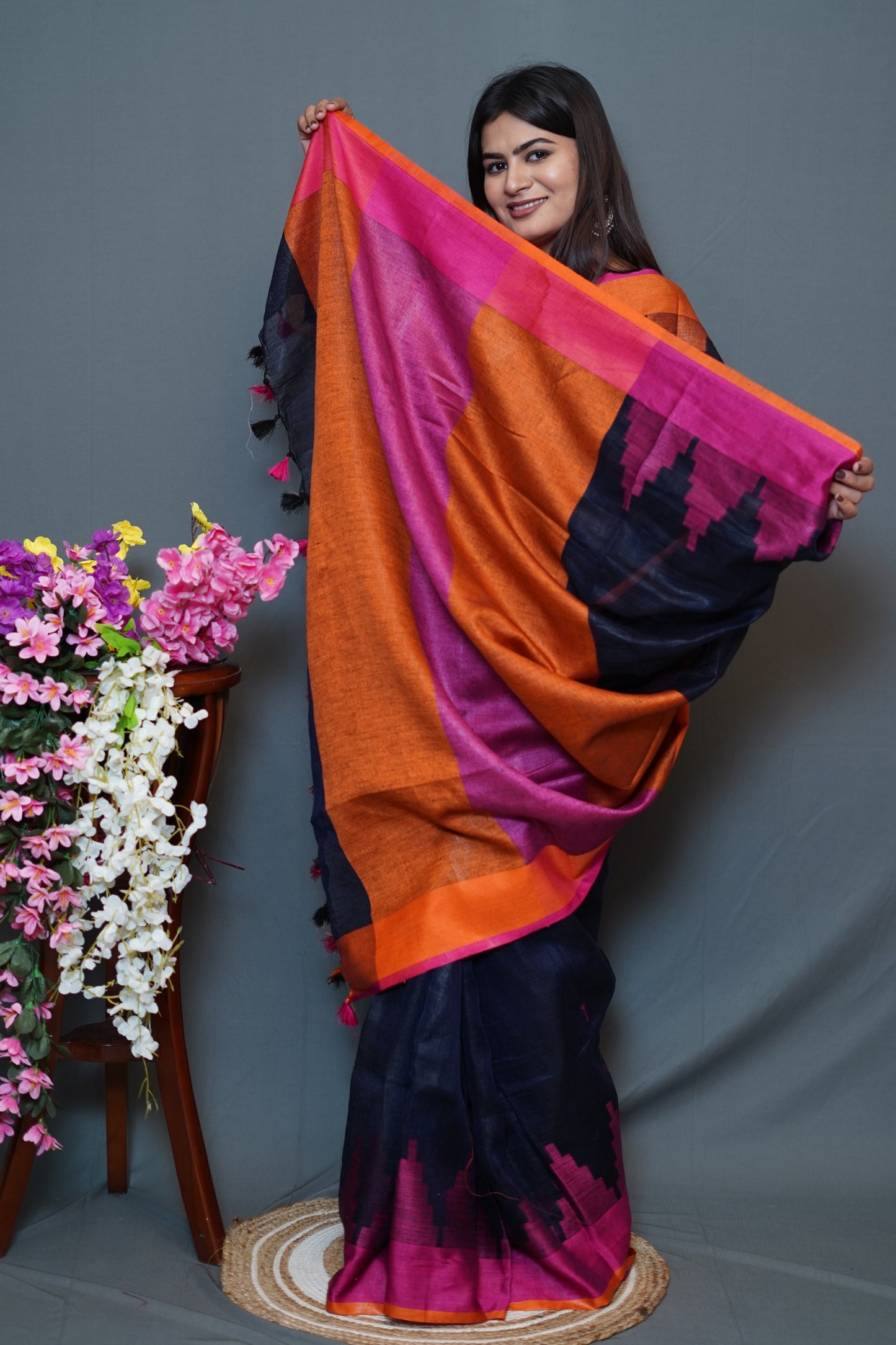 Navy Blue & Orange Tissue Saree with Magenta Border