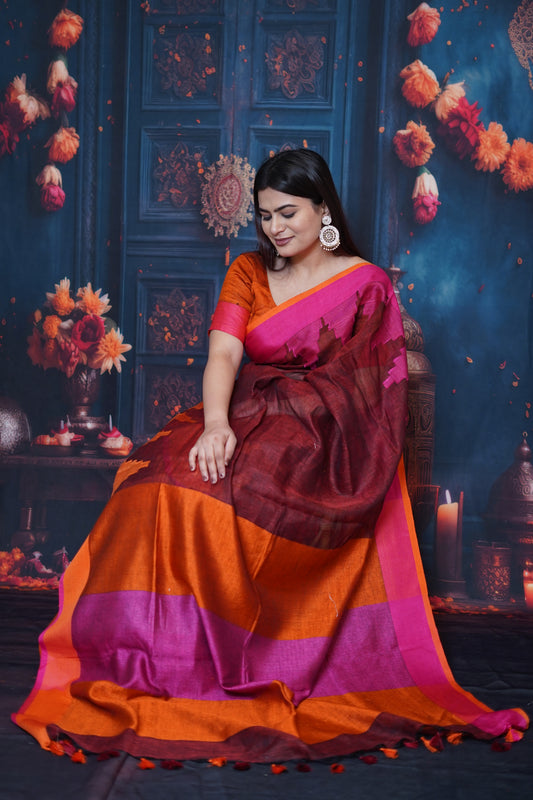 Maroon & Orange Tissue Saree with Magenta Border