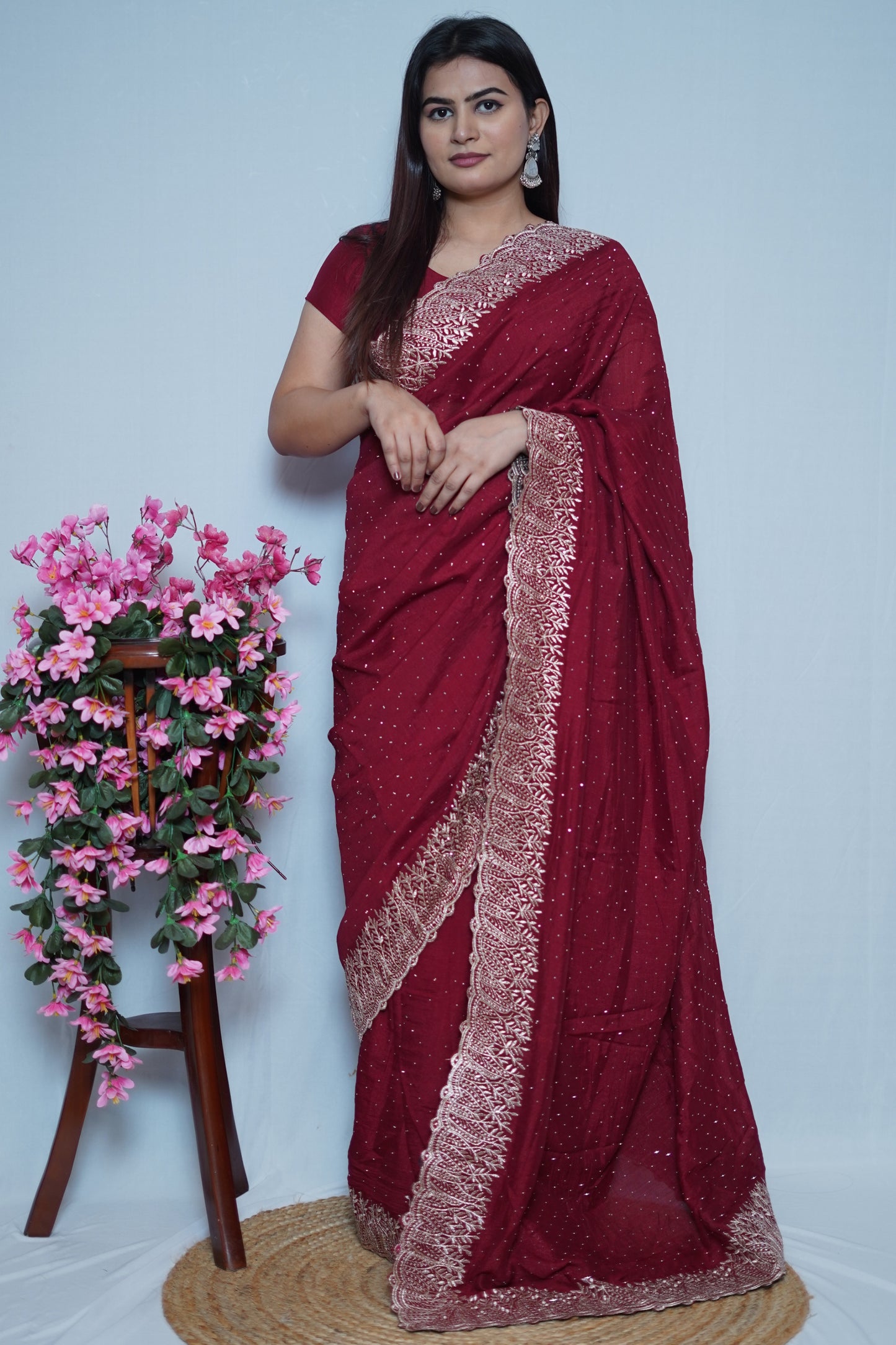 Maroon Georgette Saree with Golden Embroidered Lace Border