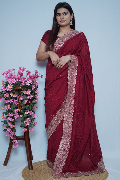 Maroon Georgette Saree with Golden Embroidered Lace Border
