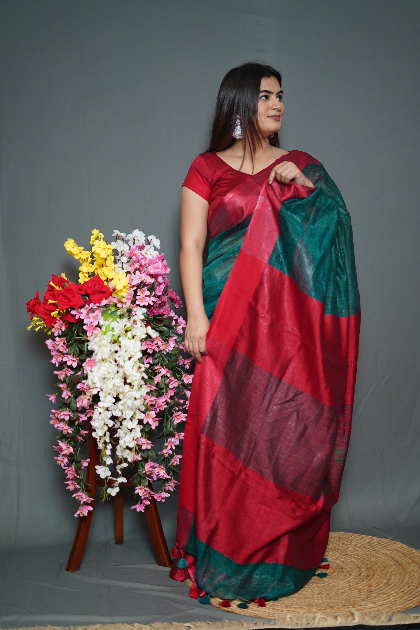 Bottle Green & Maroon Tissue Saree with Elegant Dual-Tone Border
