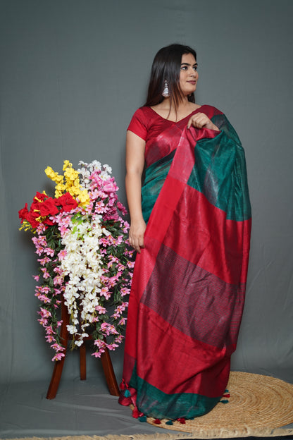 Bottle Green & Maroon Tissue Saree with Elegant Dual-Tone Border