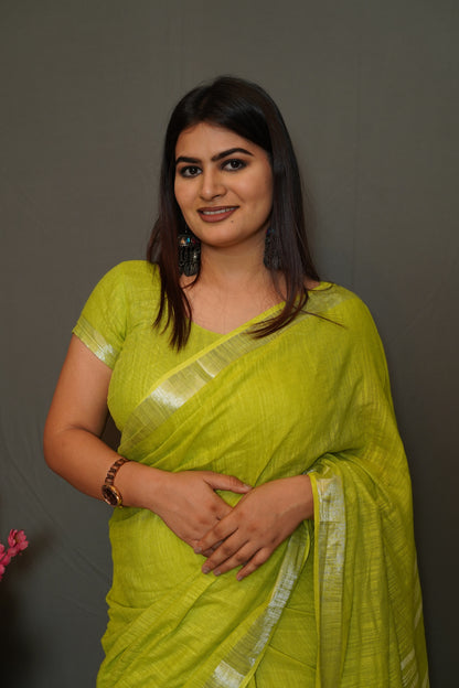 Lime Green Cotton Saree with Silver Border & Tassel Detailing