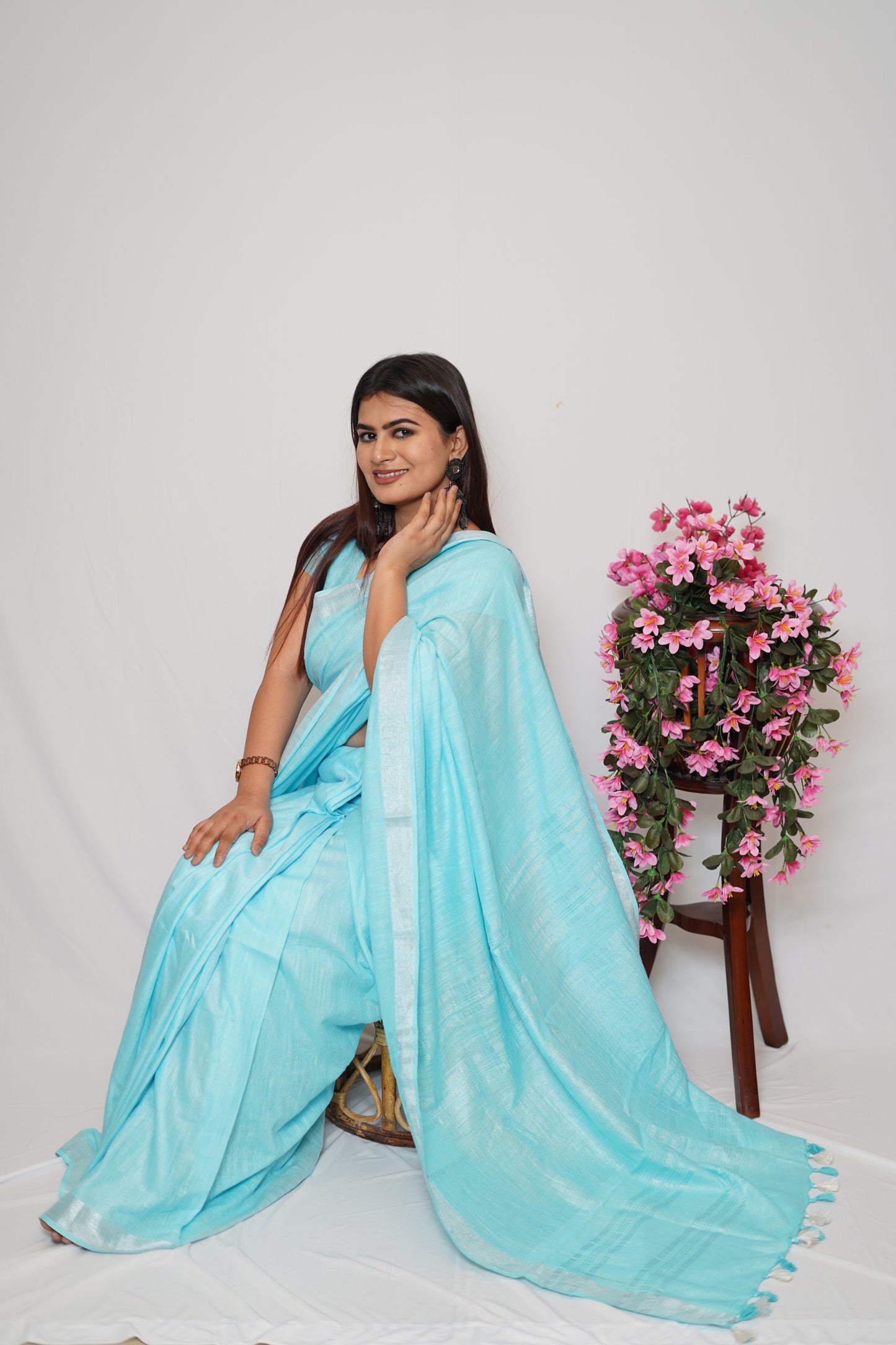 Sky Blue Cotton Saree with Silver Border & Tassel Detailing