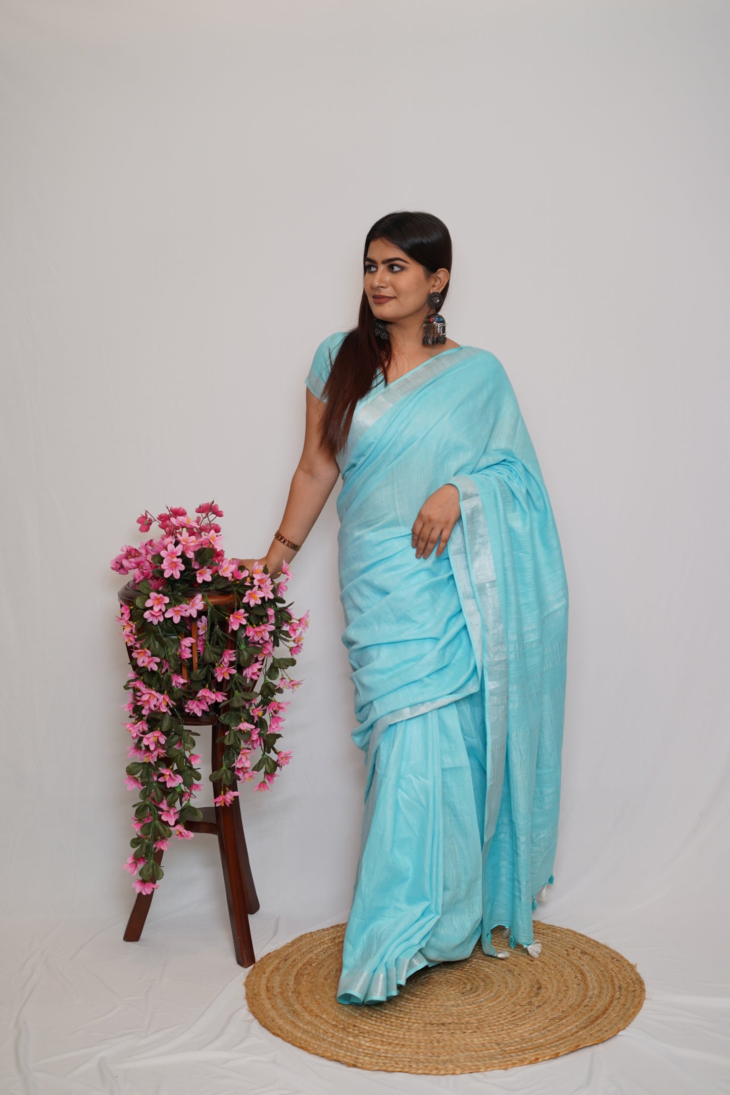 Sky Blue Cotton Saree with Silver Border & Tassel Detailing