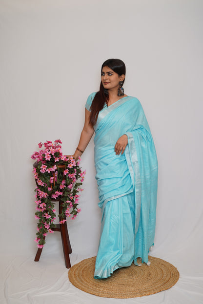 Sky Blue Cotton Saree with Silver Border & Tassel Detailing