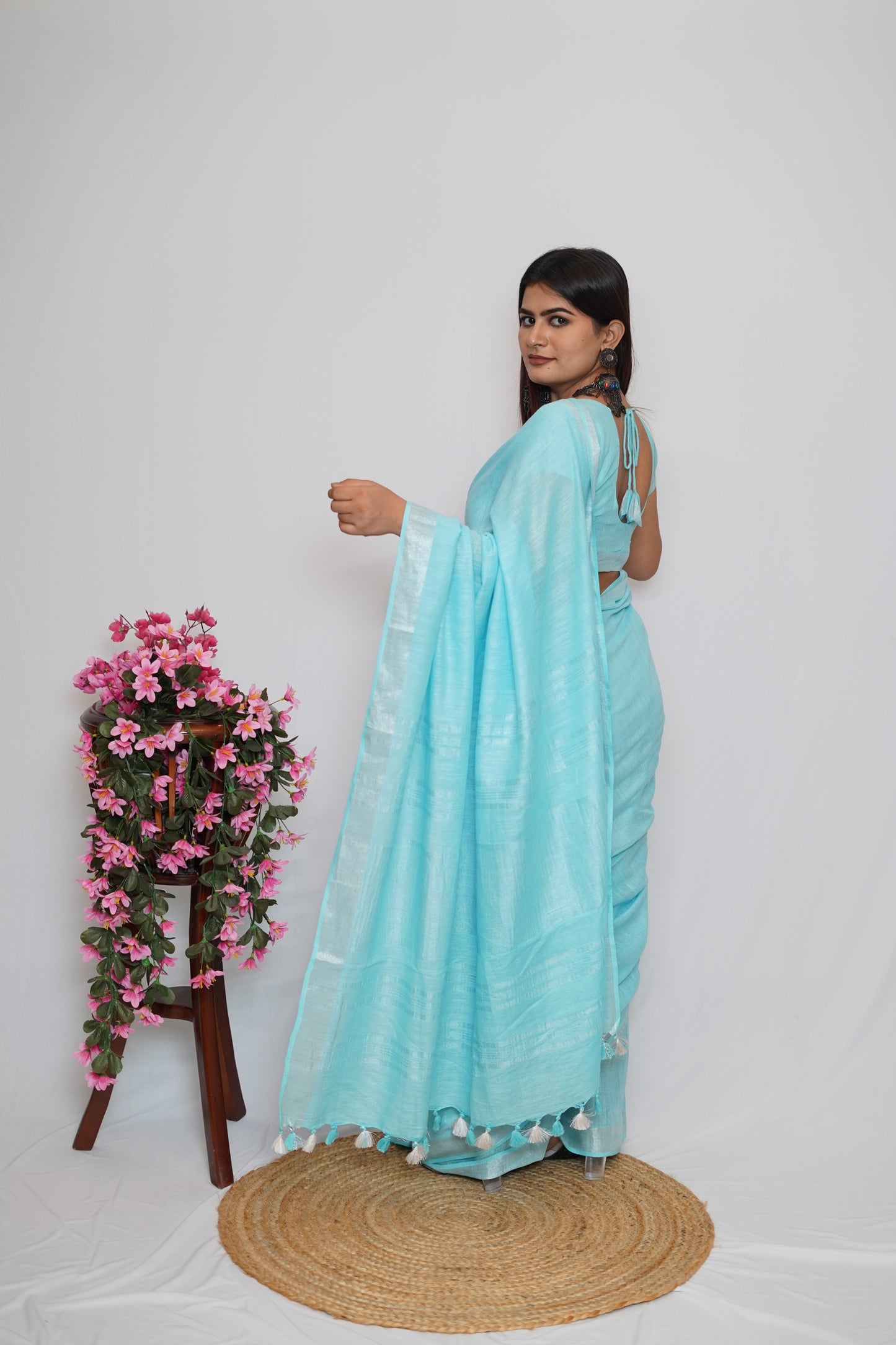 Sky Blue Cotton Saree with Silver Border & Tassel Detailing