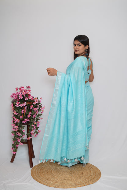 Sky Blue Cotton Saree with Silver Border & Tassel Detailing