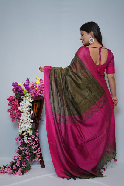 Olive Green & Magenta Tissue Saree with Elegant Dual-Tone Border