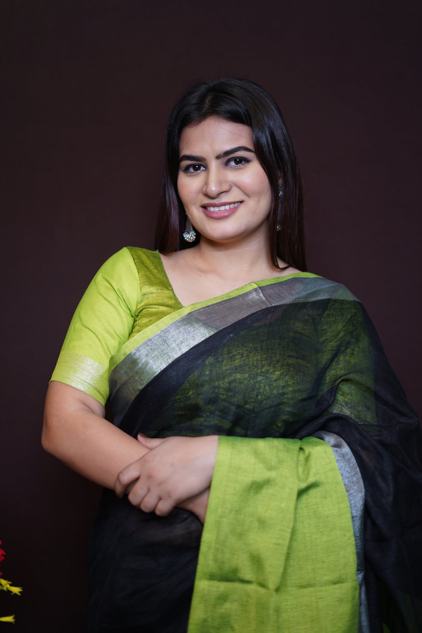 Lime Green & Black Tissue Saree with Silver Border