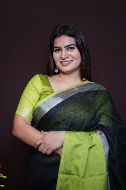 Lime Green & Black Tissue Saree with Silver Border