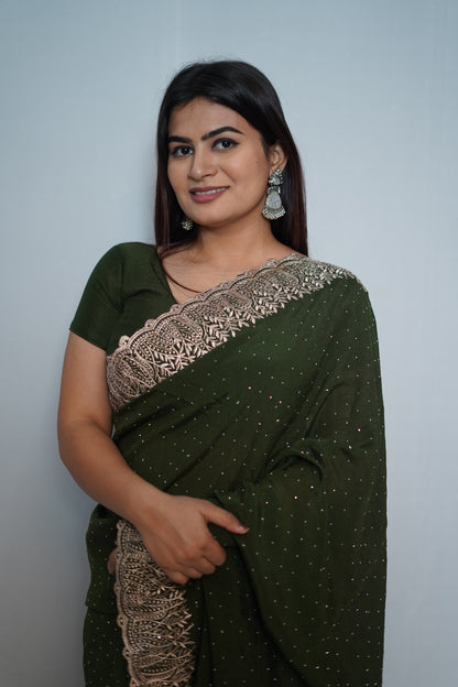 Olive Green Georgette Saree with Rose Gold Embroidered Lace Borde
