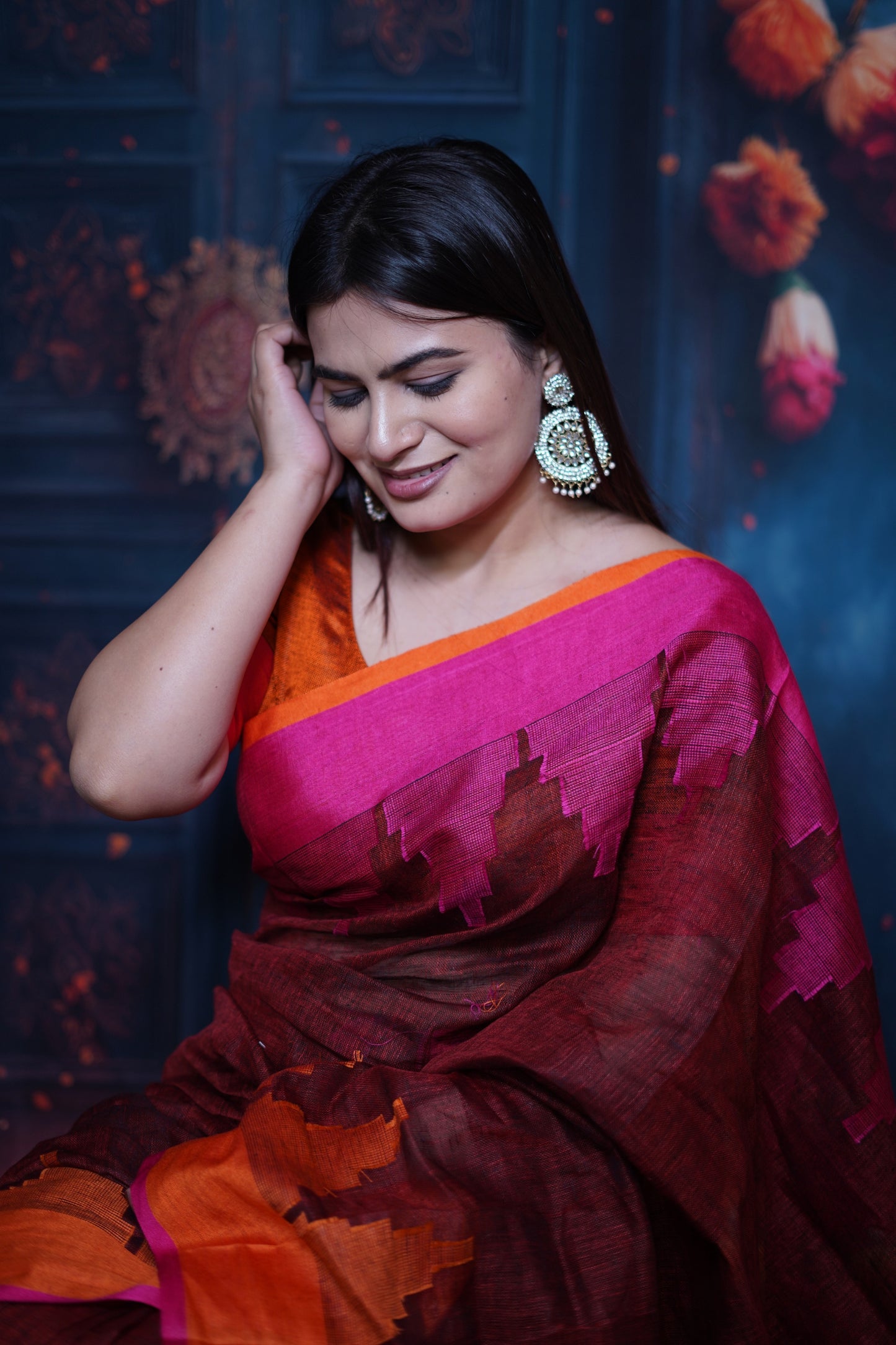 Maroon & Orange Tissue Saree with Magenta Border