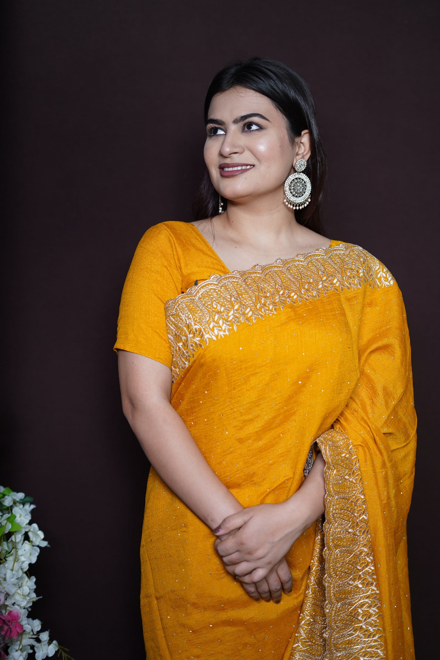 Mustard Yellow Georgette Saree with Golden Embroidered Lace Border