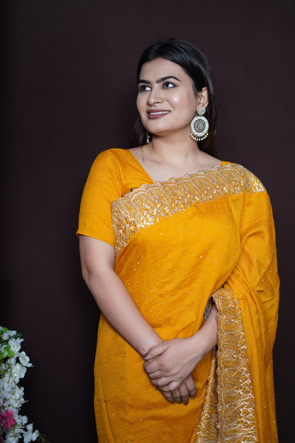 Mustard Yellow Georgette Saree with Golden Embroidered Lace Border