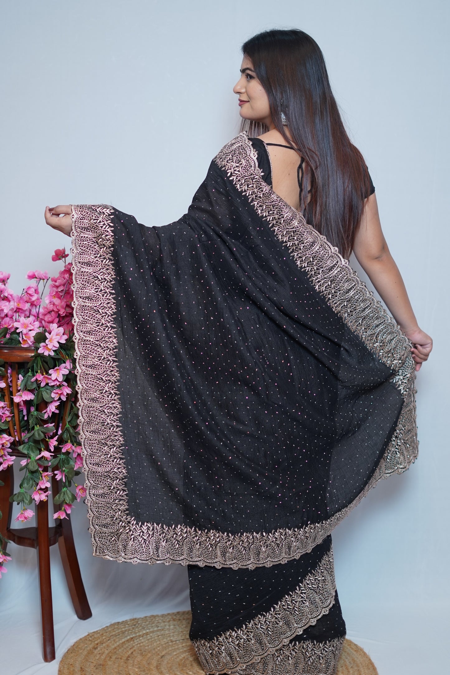 Black Georgette Saree with Rose Gold Embroidered Lace Border